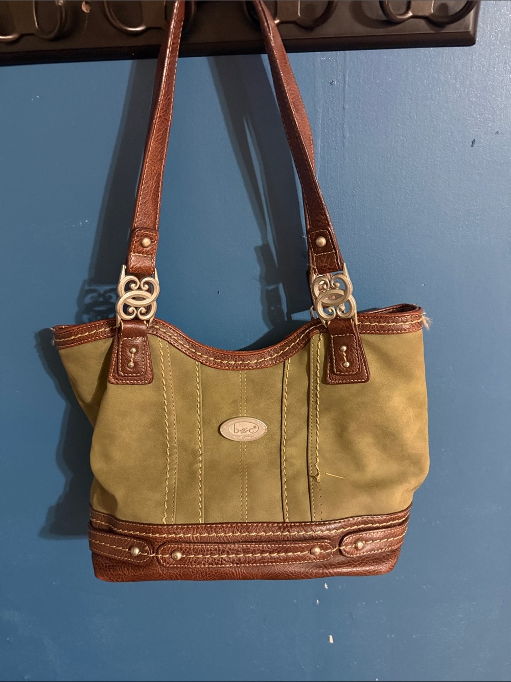 b.o.c. Olive Canvas Shoulder Bag with Brown Leather Trim
